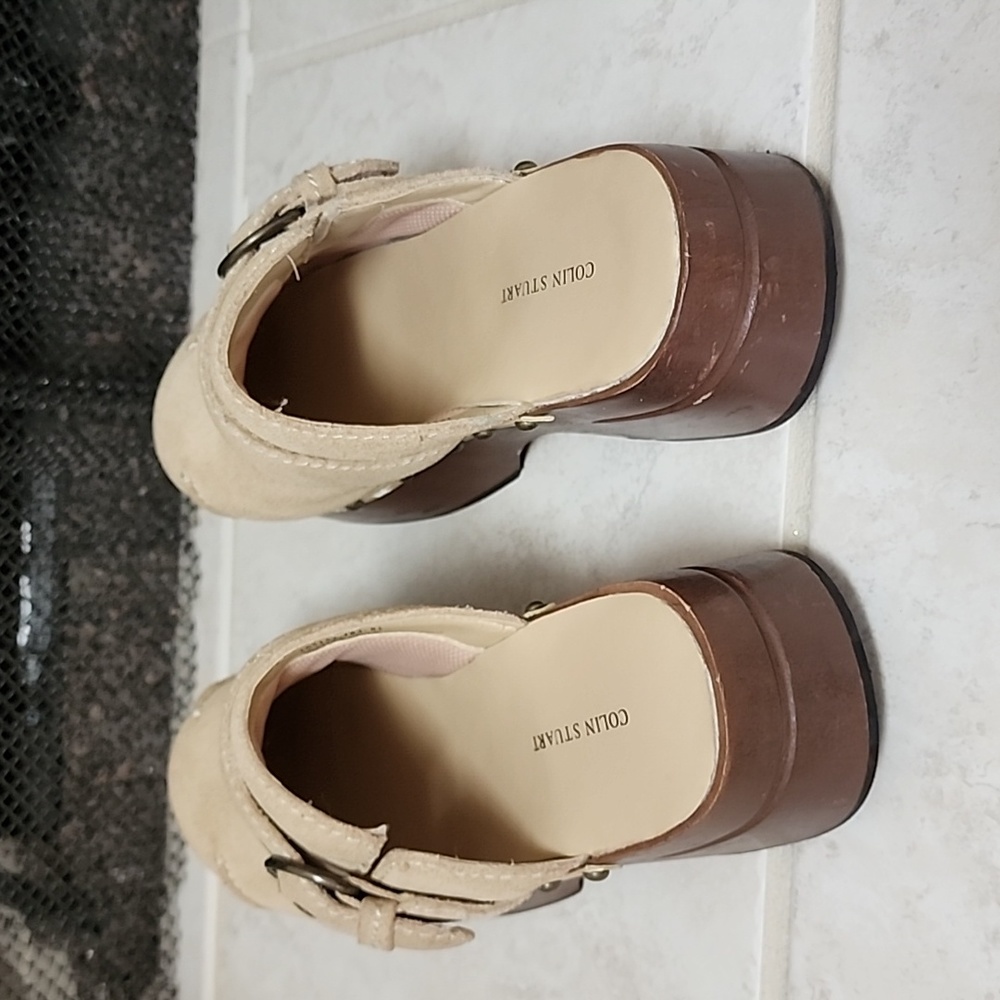 Colin Stuart Light Tan Nubuck Platform Mules - image 7